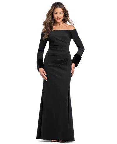 Xscape Women's Off-the-shoulder Long-sleeve Faux Fur Gown In Black