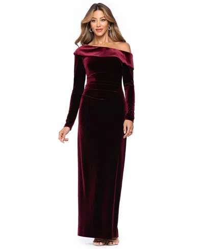 Xscape Women's Off-the-shoulder Long-sleeve Velvet Gown In Burgundy