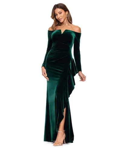 Xscape Women's Off-the-shoulder Long-sleeve Velvet Gown In Green