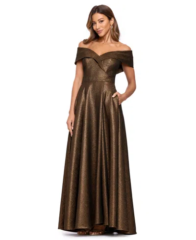 Xscape Women's Off-the-shoulder Metallic Jacquard Ball Gown In Brown