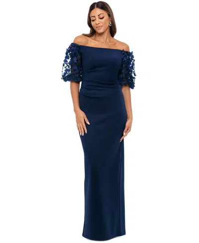 Xscape Women's Off-the-shoulder Pleated-waist Gown In Blue