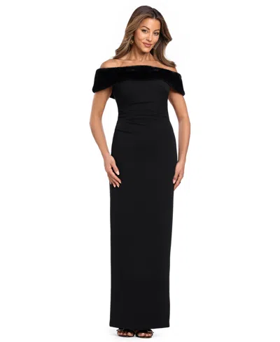 Xscape Women's Off-the-shoulder Ruched Faux-fur Gown In Black