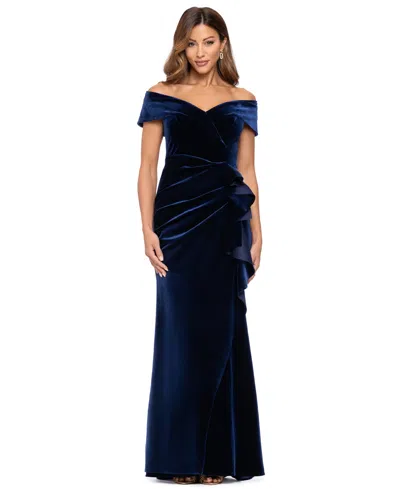 Xscape Women's Off-the-shoulder Ruffle Velvet Dress In Navy
