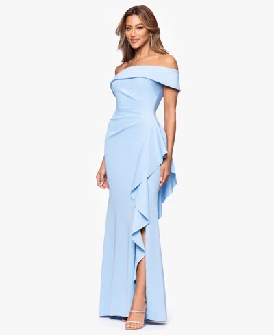 Xscape Women's Off-the-shoulder Ruffled Side-slit Gown In Multi