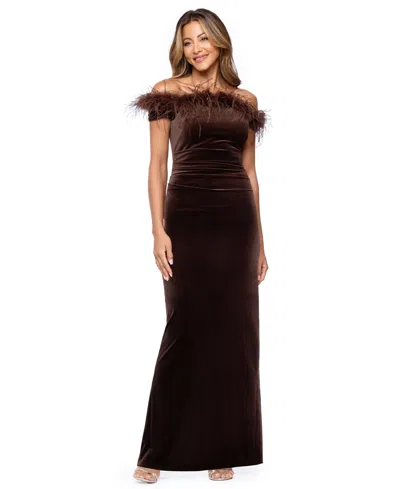 Xscape Women's Off-the-shoulder Velvet Feather-trim Gown In Brown