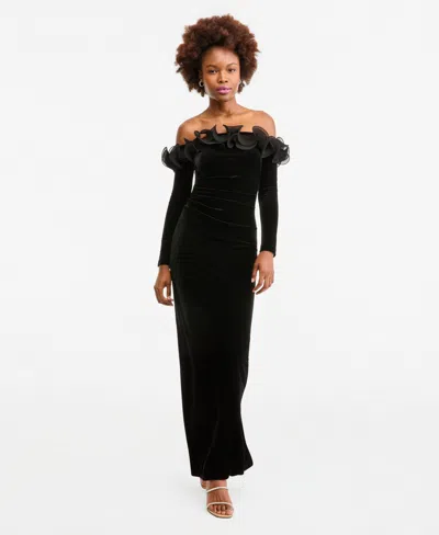 Xscape Women's Off-the-shoulder Velvet Ruffled Gown In Black