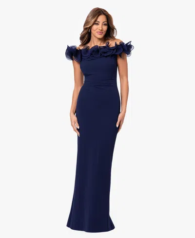 Xscape Women's Off-the-shoulder Wire Scuba Gown In Blue