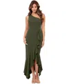 Xscape One-shoulder Asymmetric Hem Gown In Olive