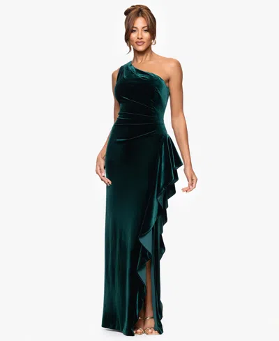 Xscape Women's One Shoulder Long Ruffle Dress In Green