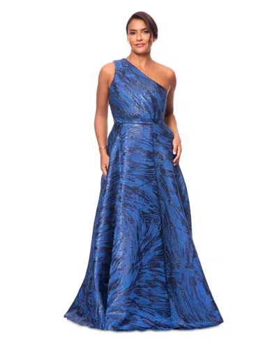 Xscape Women's One-shoulder Metallic Jacquard Gown In Navy