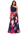 Xscape Petite Printed One-shoulder Gown In Navy,fucshia