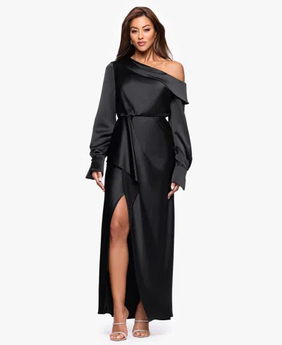 Xscape Women's One Shoulder Sash Satin Long Dress In Black