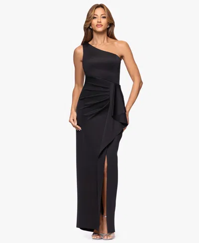 Xscape Women's One-shoulder Side Ruffle Long Dress In Black