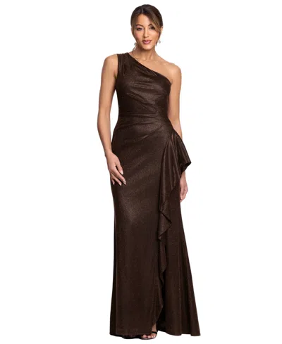Xscape Women's One-shoulder Glitter Long Dress In Brown