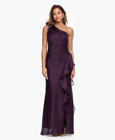 Xscape Women's One-shoulder Ruffle Detail Ball Gown In Purple