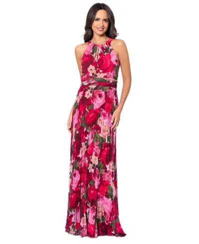Xscape Women's Pleated Floral Chiffon Halter Dress In Red,olive