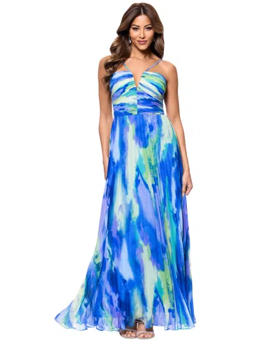 Xscape Women's Pleated Halter Gown In Lime,blue