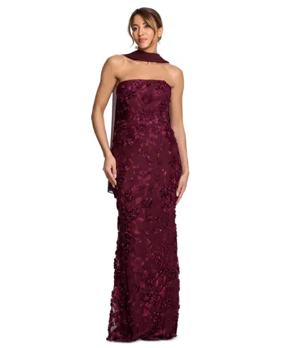 Xscape Women's Power Mesh Strapless Scarf Gown In Wine