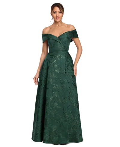 Xscape Women's Printed Brocade Off-the-shoulder Gown In Dark Green