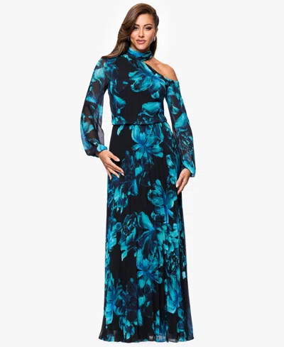 Xscape Women's Printed Mock-neck Cutout Maxi Dress