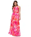 Xscape Women's Printed Pleated Sleeveless Halter-neck Gown In Red,pink