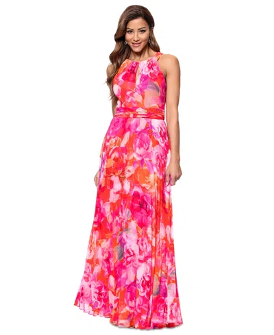 Xscape Women's Printed Pleated Sleeveless Halter-neck Gown In Red,pink