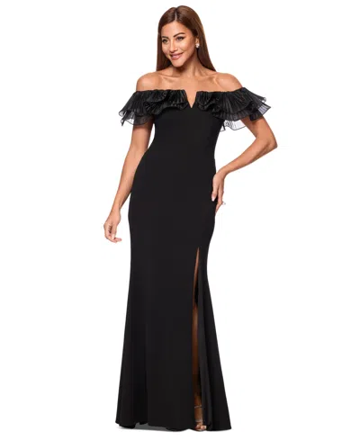 Xscape Women's Ruffled Off-the-shoulder Side-slit Gown In Black