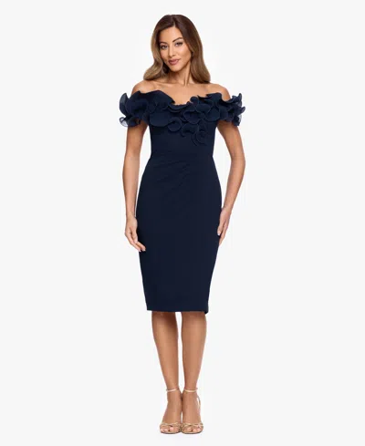 Xscape Women's Ruffled Off-the-shoulder Scuba Crepe Dress In Blue