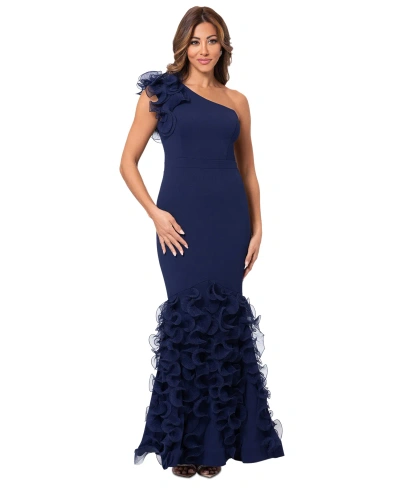 Xscape Women's Ruffled One-shoulder Gown In Navy