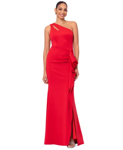 Xscape Women's Ruffled One-shoulder Scuba Gown In Red