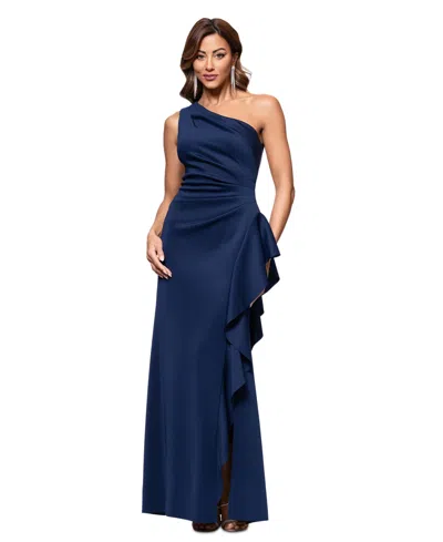 Xscape Women's Ruffled One-shoulder Scuba Gown In Midnight