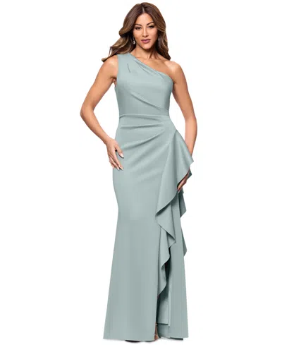 Xscape Women's Ruffled One-shoulder Scuba Gown In Sage