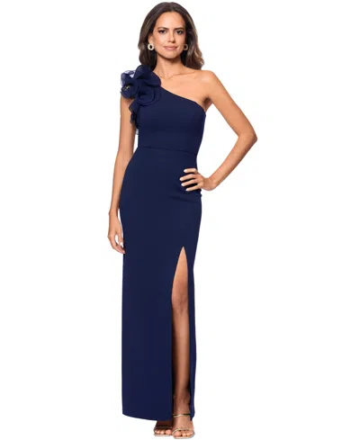 Xscape Women's Ruffled One-shoulder Side-slit Gown In Navy