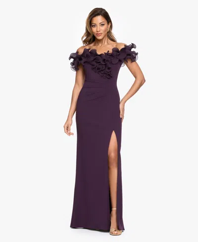Xscape Women's Ruffled-off-the-shoulder Crepe Gown In Purple