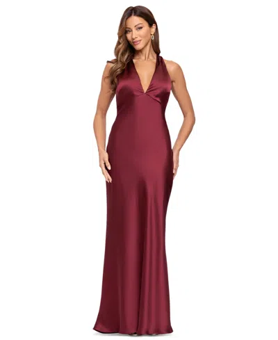 Xscape Women's Satin Halter Neck Long Dress In Burgundy