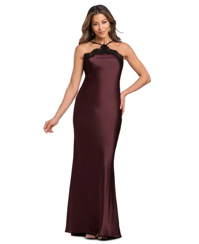Xscape Women's Satin Lace Combination Halter Gown In Chocolate