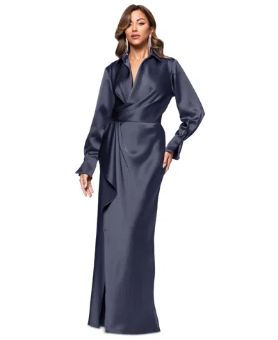 Xscape Women's Satin Shirtdress Gown In Navy