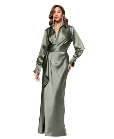 Xscape Women's Satin Shirtdress Gown In Olive