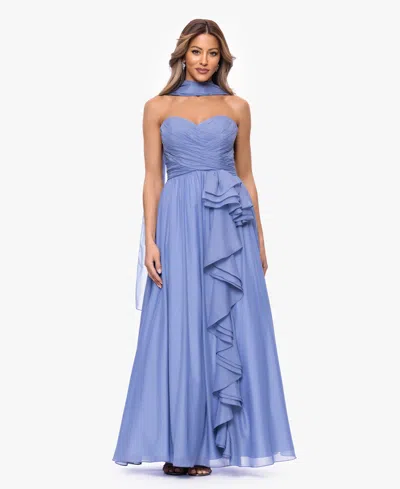 Xscape Women's Scarf Detail Strapless Gown In Blue