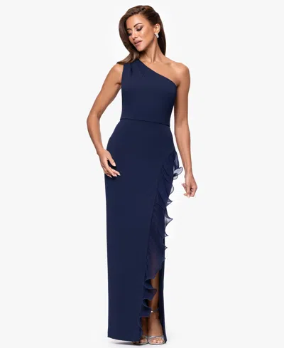 XSCAPE WOMEN'S SCUBA CREPE ONE-SHOULDER LONG SHEATH DRESS