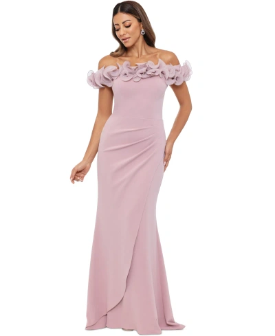 Xscape Women's Scuba-crepe Ruffled Off-the-shoulder Fit & Flare Gown In Rose