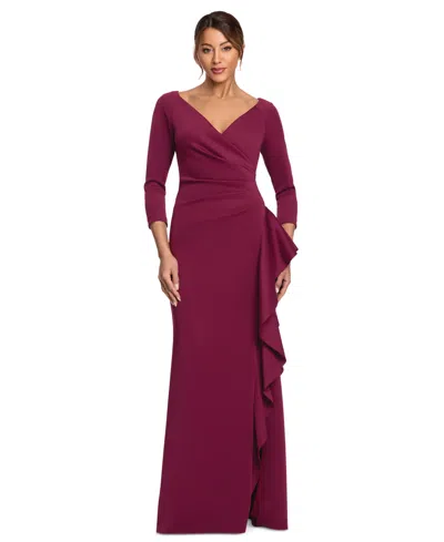 Xscape Women's Scuba Long Sleeve Ruffle Gown In Wine