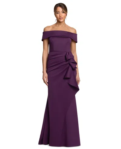 Xscape Women's Scuba Off-the-shoulder Side Ruffle Gown In Purple