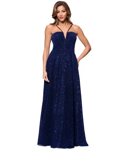 Xscape Women's Sequined Plunge-neck Sleeveless Gown In Navy