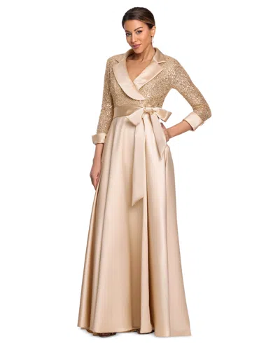 Xscape Women's Sequined Tuxedo Belted Ball Gown In Gold