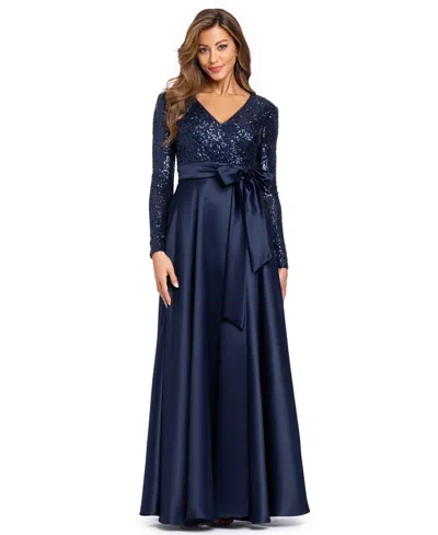 Xscape Women's Sequinned Long Sleeve Ballgown Dress In Navy,navy