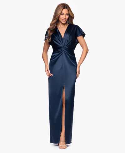 Xscape Women's Short Sleeve V-neck Ball Gown In Blue