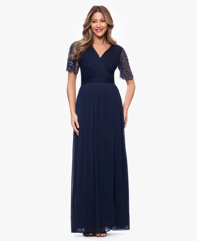 Xscape Womens Short Sleeve V Neck Long Gown In Animal Print