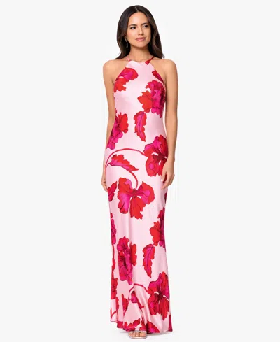 Xscape Women's Sleeveless Halter Neck Printed Long Dress In Pink