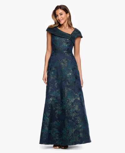 Xscape Women's Square Neck Brocade Asymmetrical Ball Gown In Blue
